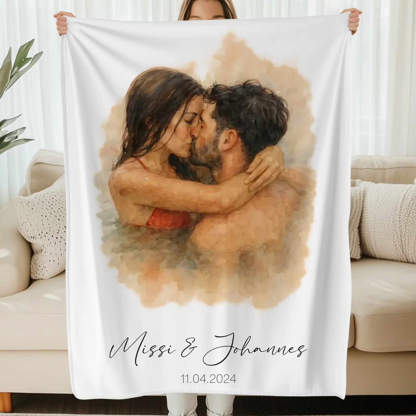 personalisierte decke mit aquarell paarbild