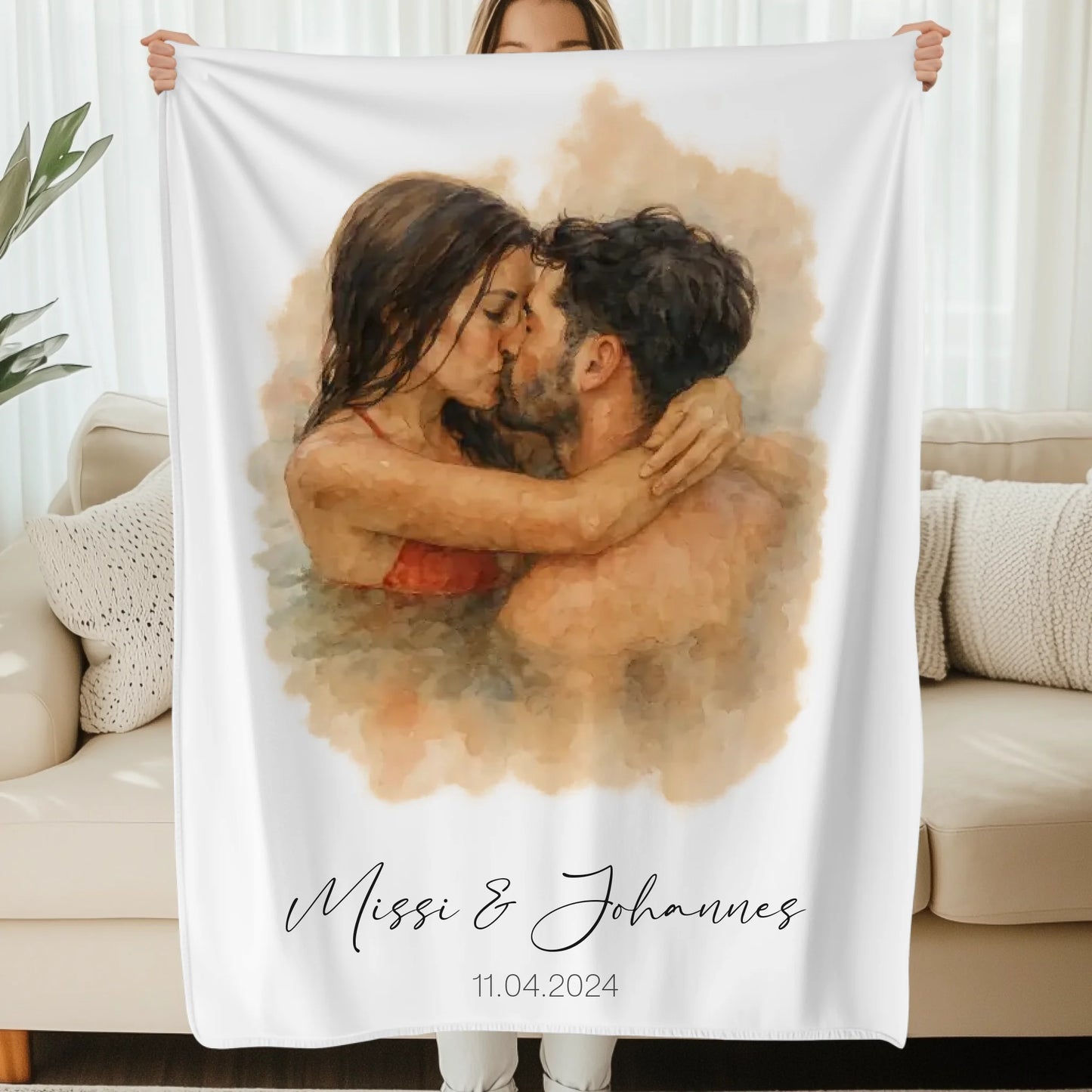 personalisierte decke mit aquarell paarbild