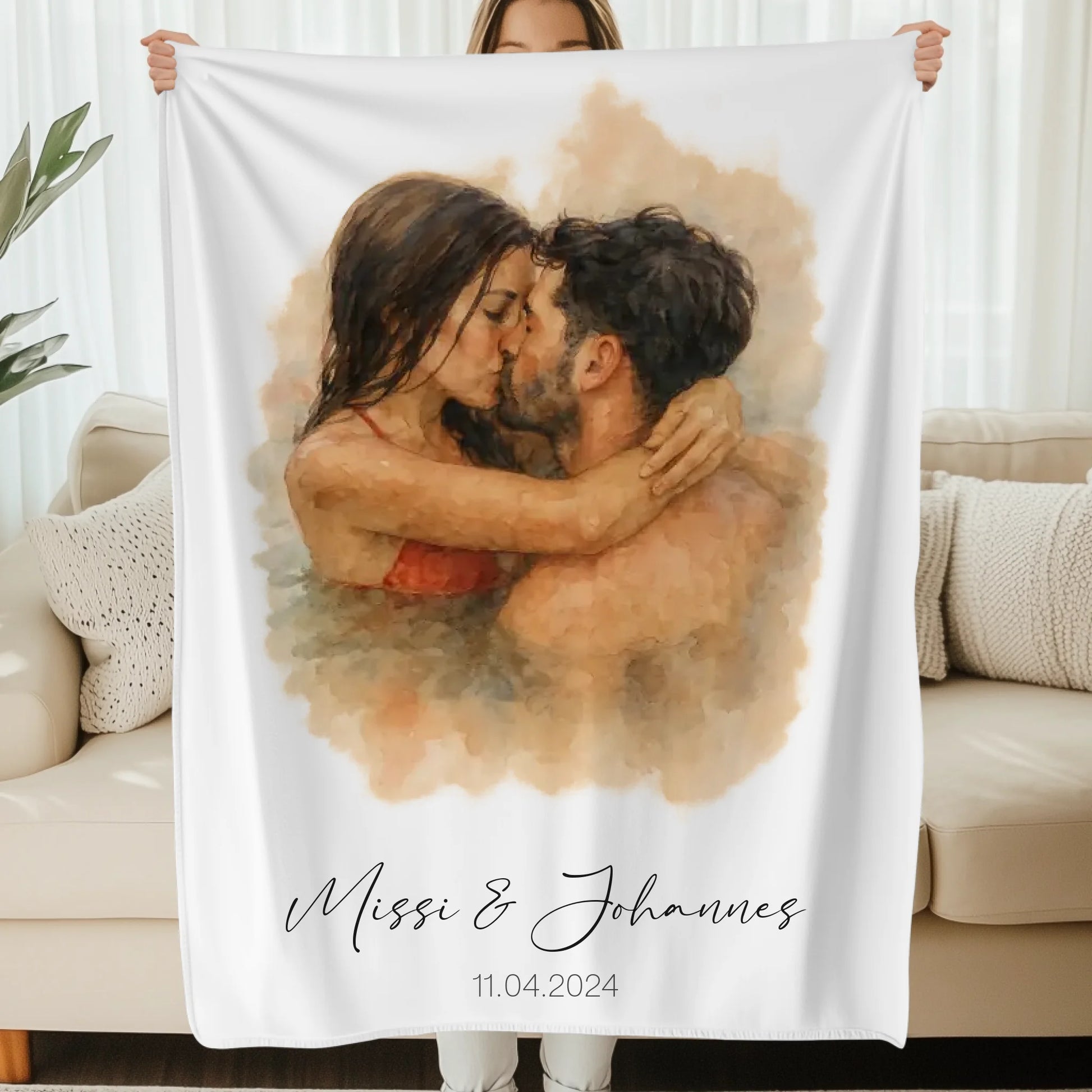 personalisierte decke mit aquarell paarbild